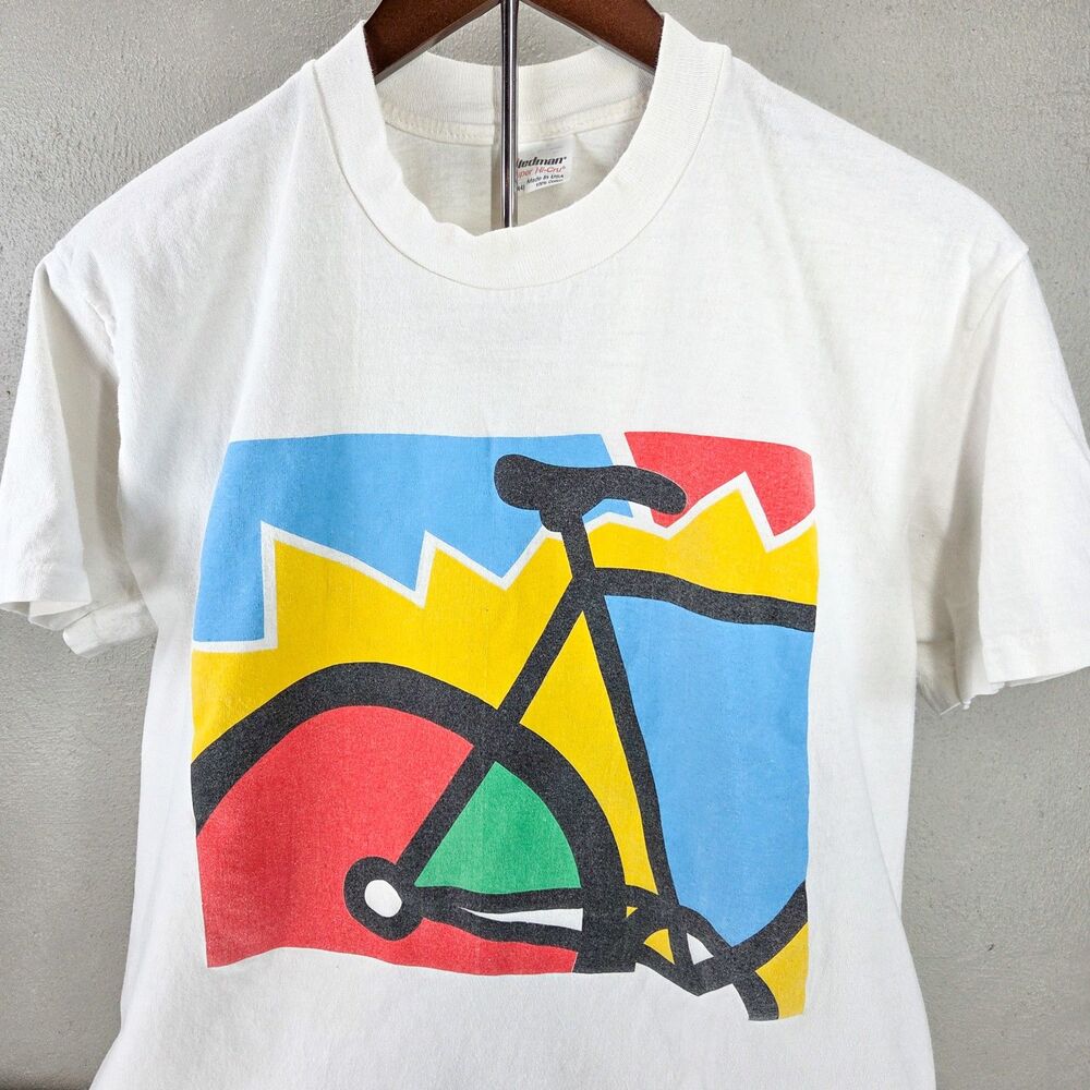 Vintage 80s Stedman Abstract Geometric Bicycle Art Single Stitch Sz L